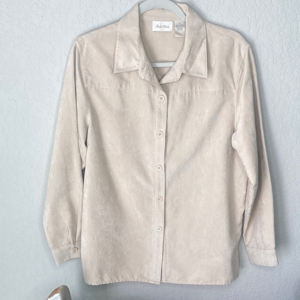 Soft BeigeWestern Button-Up Faux Suede Shirt